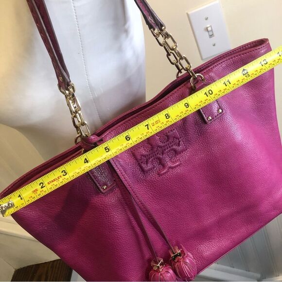 TORY BURCH Fuchsia Leather Shoulder Bag Embroidered Straps Tassel Accent - Picture 13 of 17